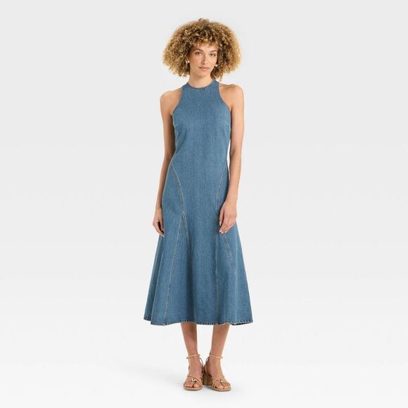 Future Collective Dresses & Skirts - Women's Racerback Denim Midi A-Line Dress - Future Collective Medium Wash 14